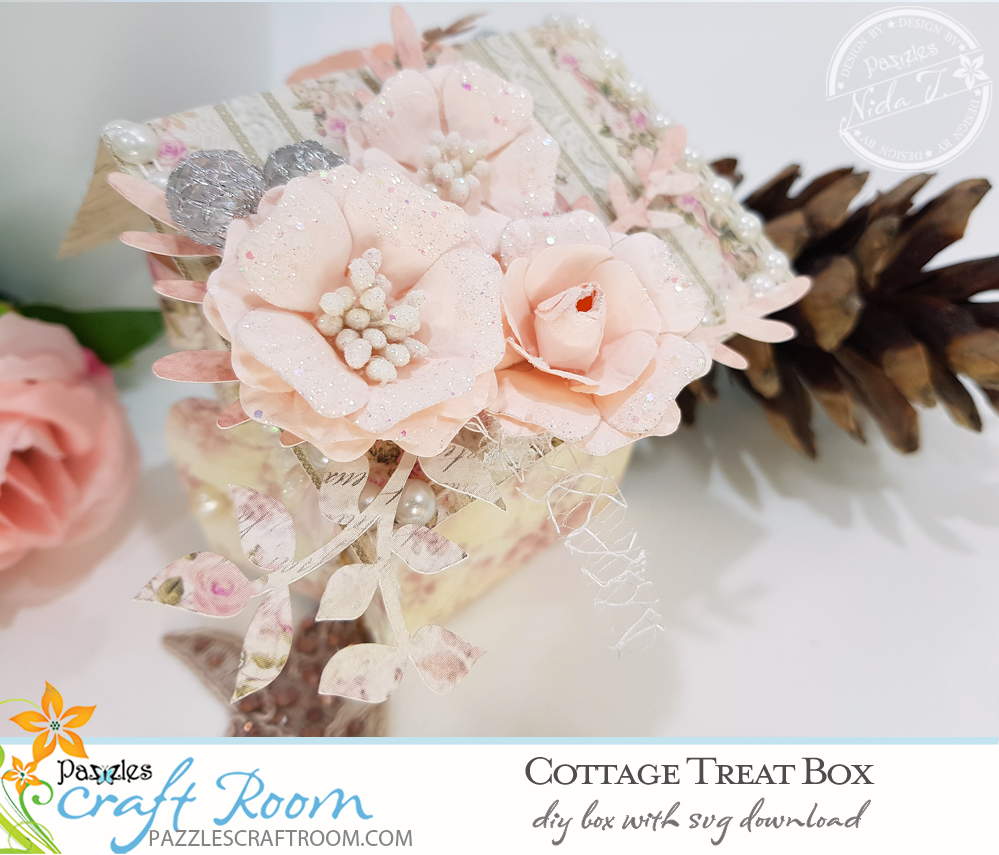 Pazzles DIY Cottage Treat Box with SVG download. Instant SVG download compatible with all major electronic cutters including Pazzles Inspiration, Cricut, and Silhouette Cameo. Design by Nida Tanweer.