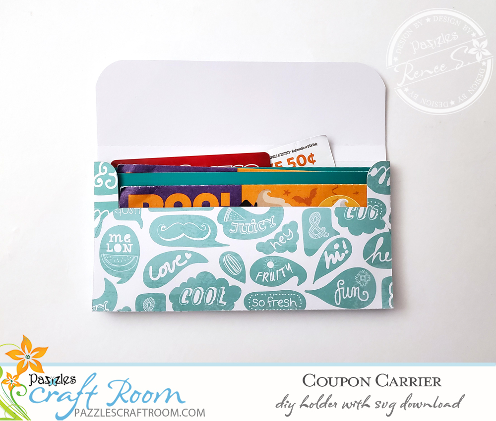 Pazzles DIY Coupon Carrier with instant SVG download. Compatible with all major electronic cutters including Pazzles Inspiration, Cricut, and Silhouette Cameo. Design by Renee Smart.