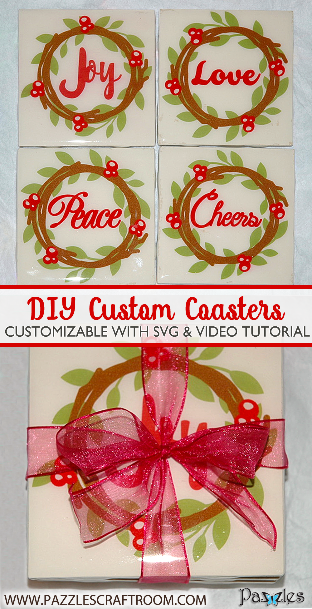 Pazzles DIY Custom Coasters with SVG download compatible with all major electronic cutters including Pazzles Inspiration, Cricut, and Silhouette Cameo. By Judy Hanson.