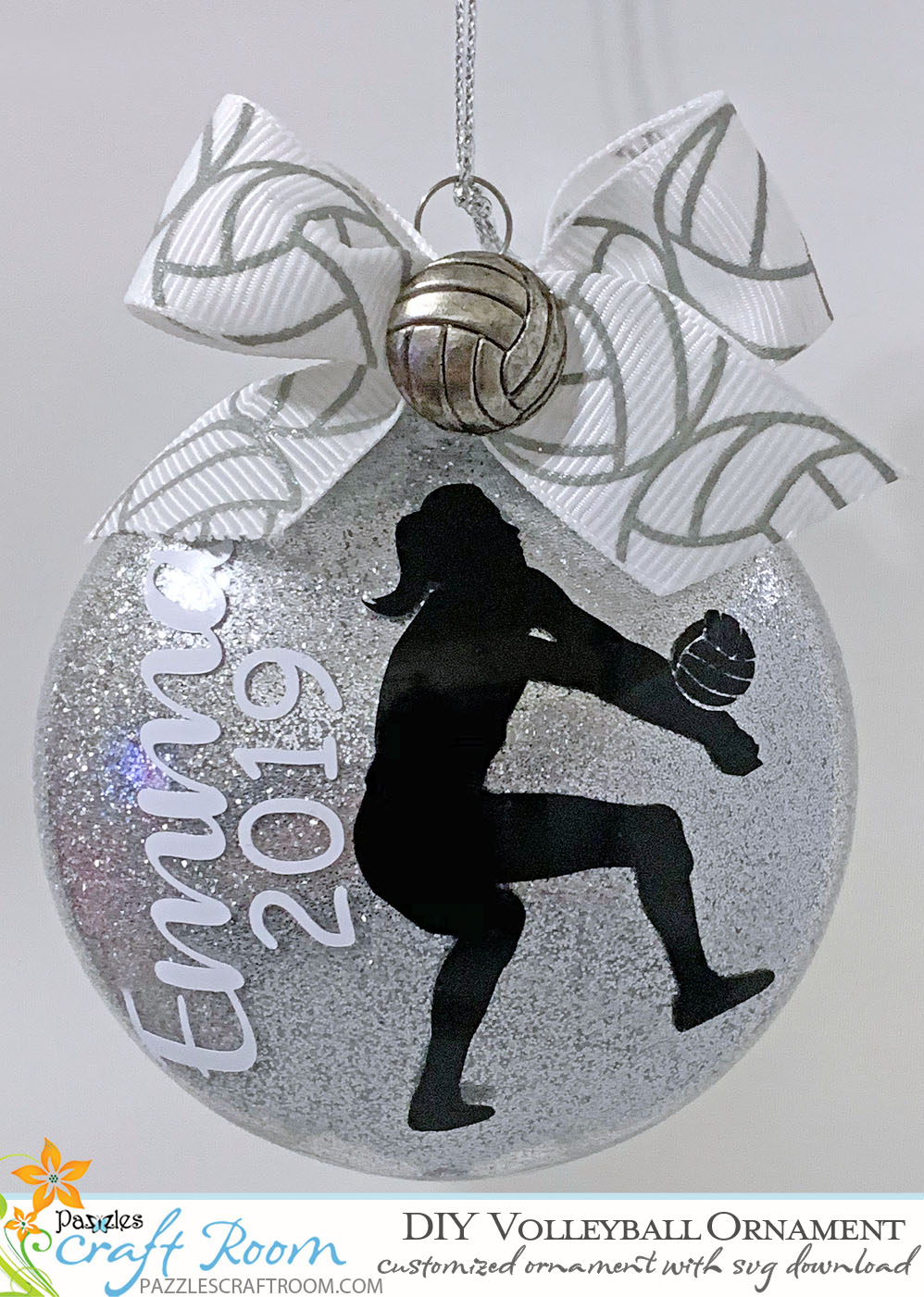 Pazzles Vinyl DIY Custom Volleyball Ornament with instant SVG download. Compatible with all major electronic cutters including Pazzles Inspiration, Cricut, and Silhouette Cameo. Design by Leslie Reyna.