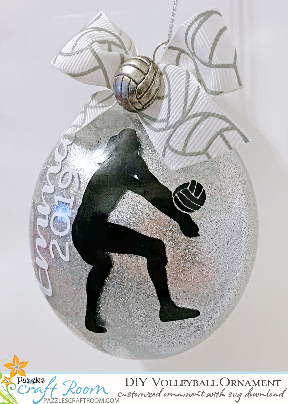 Pazzles Vinyl DIY Custom Volleyball Ornament with instant SVG download. Compatible with all major electronic cutters including Pazzles Inspiration, Cricut, and Silhouette Cameo. Design by Leslie Reyna.