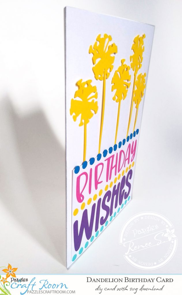 Pazzles DIY Dandelion Birthday Card with instant SVG download. Compatible with all major electronic cutters including Pazzles Inspiration, Cricut, and Silhouette Cameo. Design by Renee Smart.