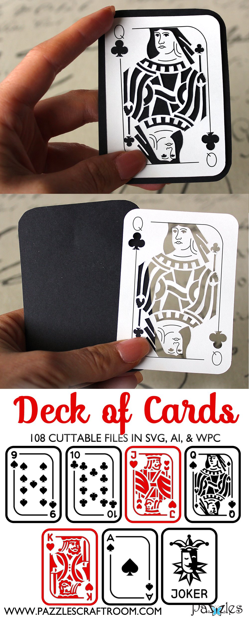 Pazzles DIY Deck of Cards Collection of 108 designs. Instant SVG download compatible with all major electronic cutters including Pazzles Inspiration, Cricut, and Silhouette Cameo. Design by Amanda Vander Woude.