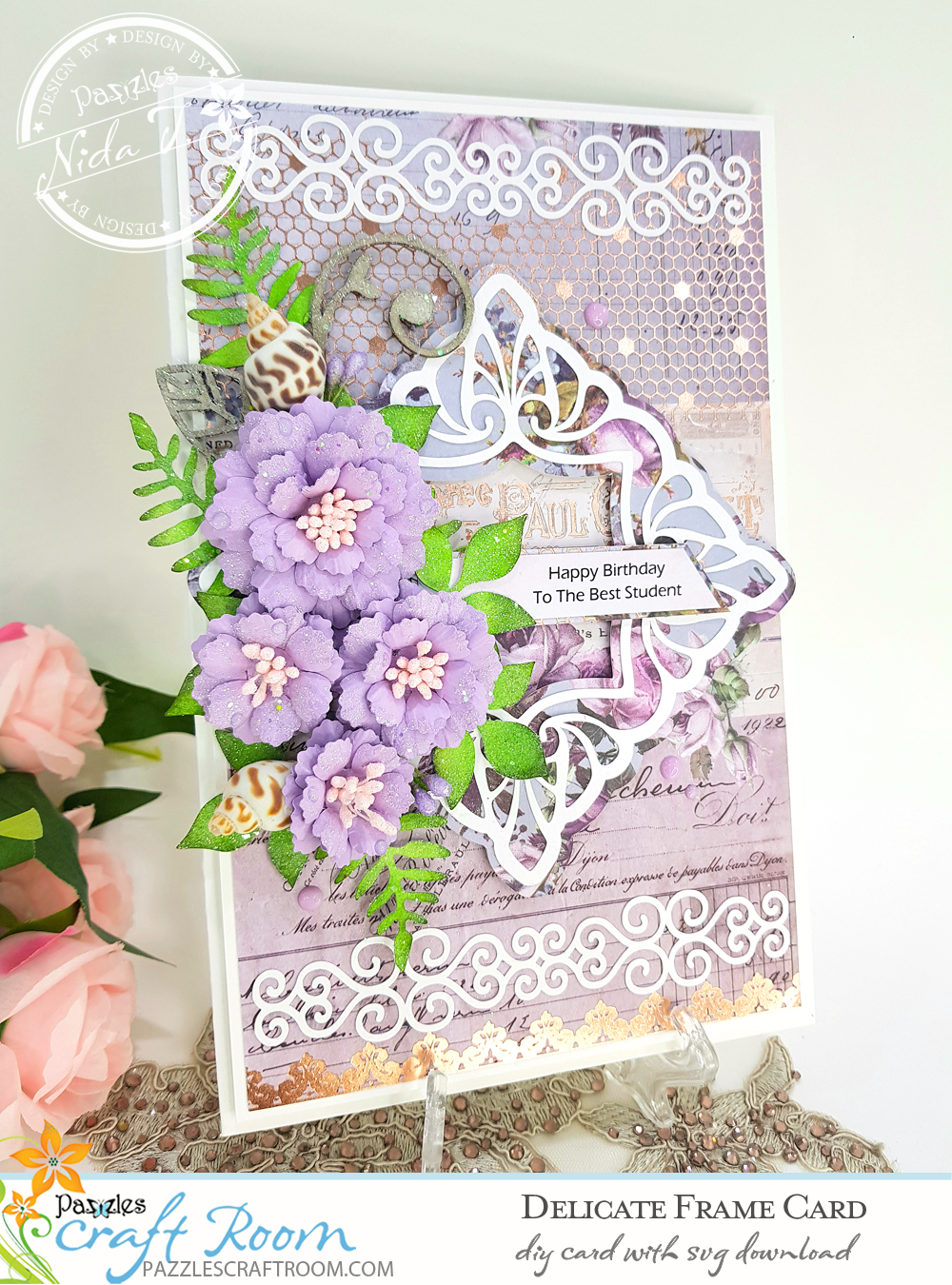 Pazzles DIY Delicate Frame Card with instant SVG download. Compatible with all major electronic cutters including Pazzles Inspiration, Cricut, and Silhouette Cameo. Design by Nida Tanweer.