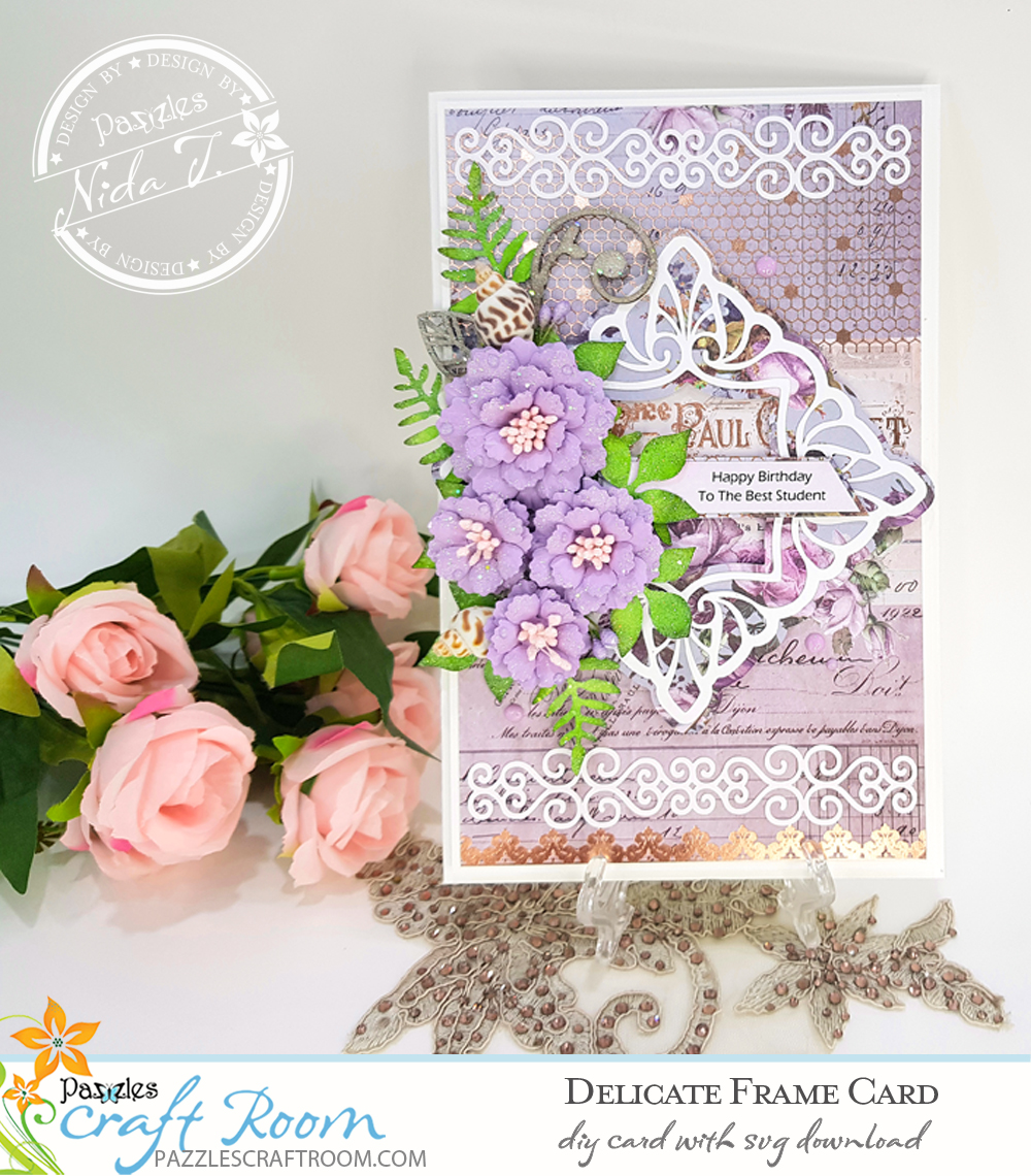 Pazzles DIY Delicate Frame Card with instant SVG download. Compatible with all major electronic cutters including Pazzles Inspiration, Cricut, and Silhouette Cameo. Design by Nida Tanweer.