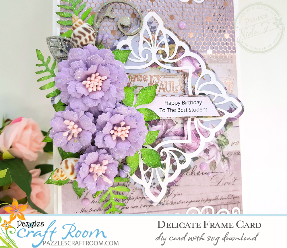 Pazzles DIY Delicate Frame Card with instant SVG download. Compatible with all major electronic cutters including Pazzles Inspiration, Cricut, and Silhouette Cameo. Design by Nida Tanweer.