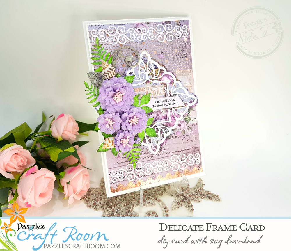 Pazzles DIY Delicate Frame Card with instant SVG download. Compatible with all major electronic cutters including Pazzles Inspiration, Cricut, and Silhouette Cameo. Design by Nida Tanweer.
