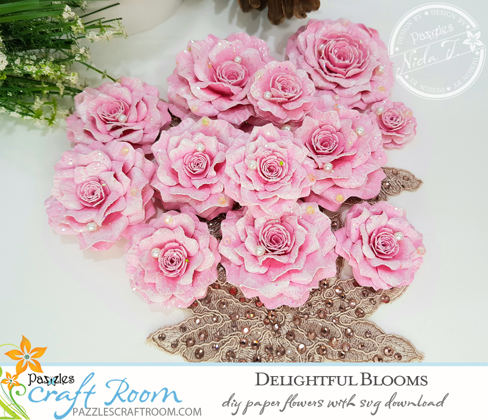 Pazzles DIY paper flowers delightful blooms with instant SVG download. Instant SVG download compatible with all major electronic cutters including Pazzles Inspiration, Cricut, and Silhouette Cameo. Design by Nida Tanweer.