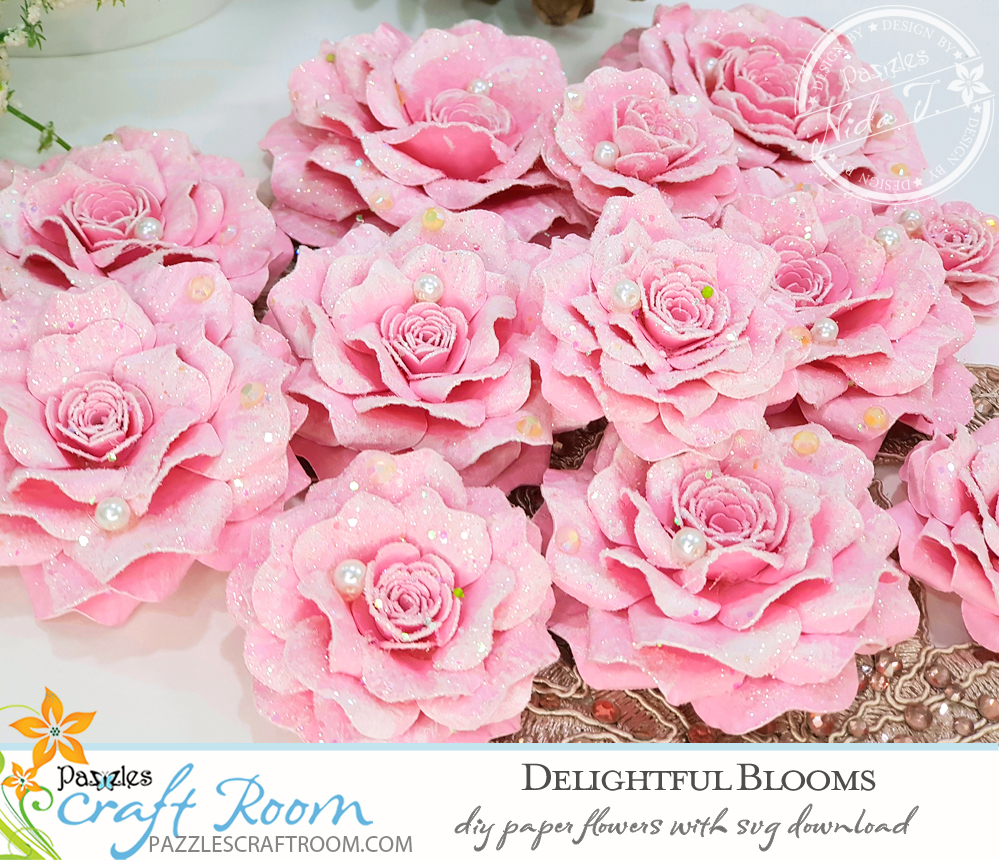 Pazzles DIY paper flowers delightful blooms with instant SVG download. Instant SVG download compatible with all major electronic cutters including Pazzles Inspiration, Cricut, and Silhouette Cameo. Design by Nida Tanweer.