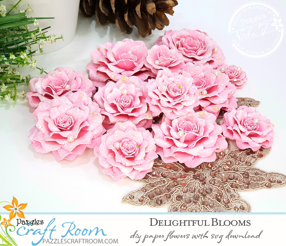 Pazzles DIY paper flowers delightful blooms with instant SVG download. Instant SVG download compatible with all major electronic cutters including Pazzles Inspiration, Cricut, and Silhouette Cameo. Design by Nida Tanweer.