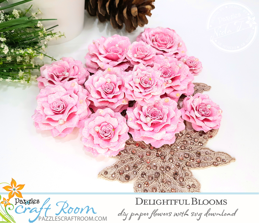 Pazzles DIY paper flowers delightful blooms with instant SVG download. Instant SVG download compatible with all major electronic cutters including Pazzles Inspiration, Cricut, and Silhouette Cameo. Design by Nida Tanweer.