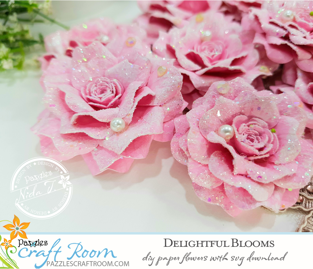 Pazzles DIY paper flowers delightful blooms with instant SVG download. Instant SVG download compatible with all major electronic cutters including Pazzles Inspiration, Cricut, and Silhouette Cameo. Design by Nida Tanweer.