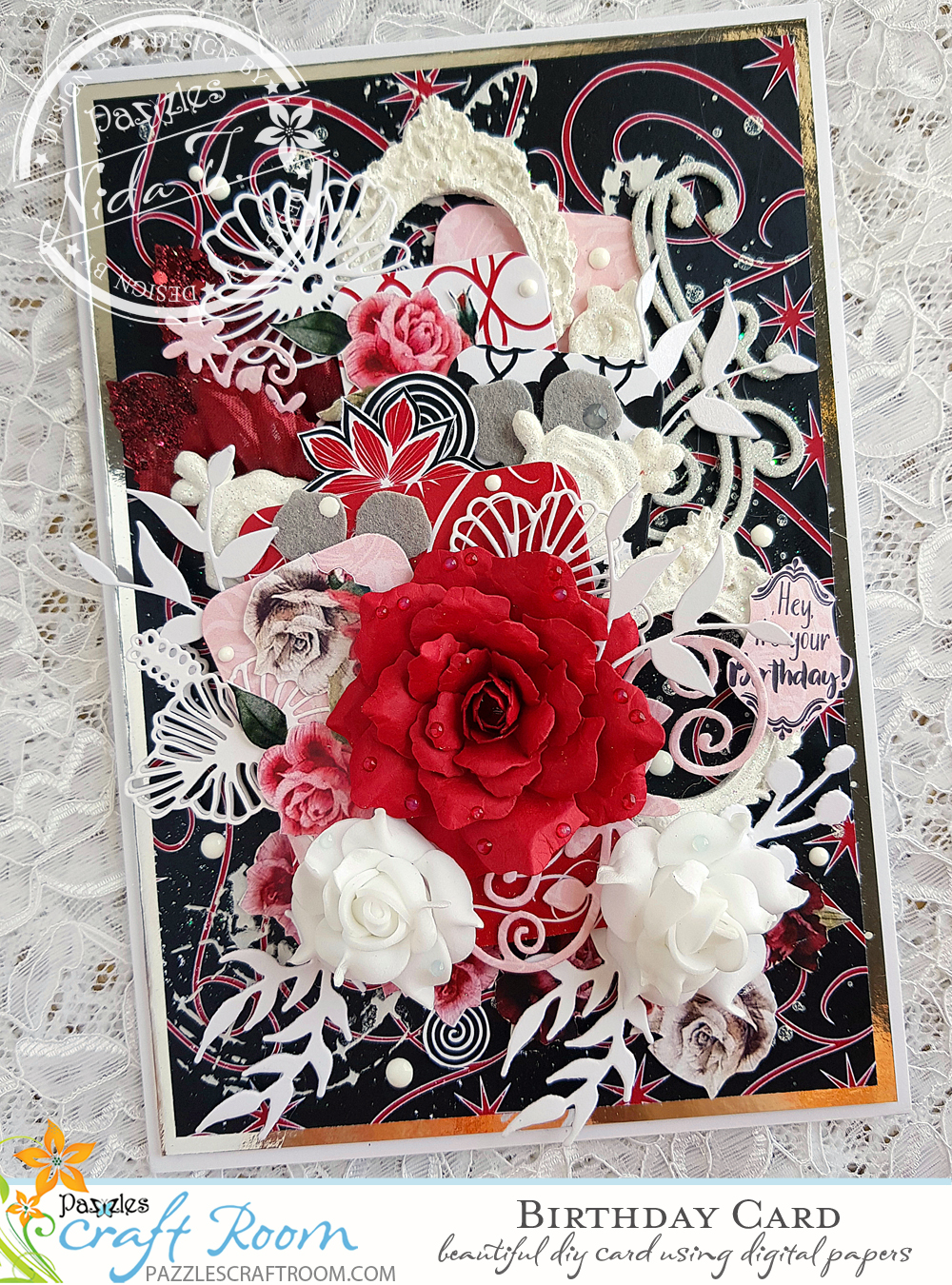 Pazzles DIY Birthday Card with Paper Rose by Nida Tanweer with Paper Flower Tutorial