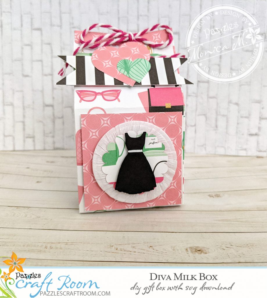 Pazzles DIY Diva Milk Box with instant SVG download. Compatible with all major electronic cutters including Pazzles Inspiration, Cricut, and Silhouette Cameo. Design by Monica Martinez.