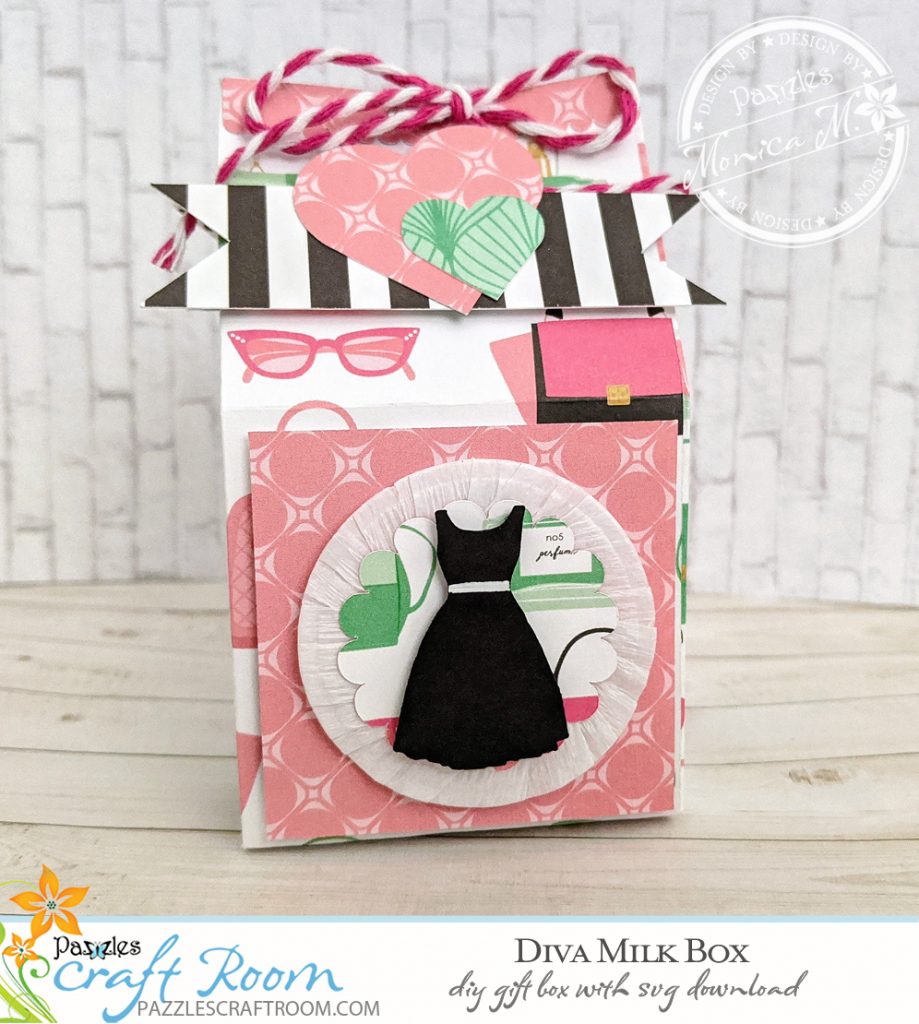 Pazzles DIY Diva Milk Box with instant SVG download. Compatible with all major electronic cutters including Pazzles Inspiration, Cricut, and Silhouette Cameo. Design by Monica Martinez.