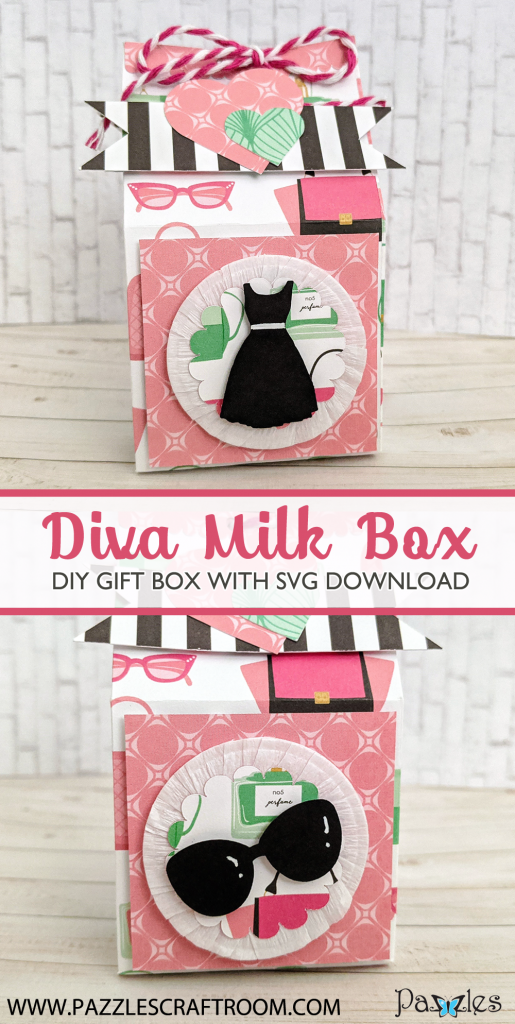 Pazzles DIY Diva Milk Box with instant SVG download. Compatible with all major electronic cutters including Pazzles Inspiration, Cricut, and Silhouette Cameo. Design by Monica Martinez.