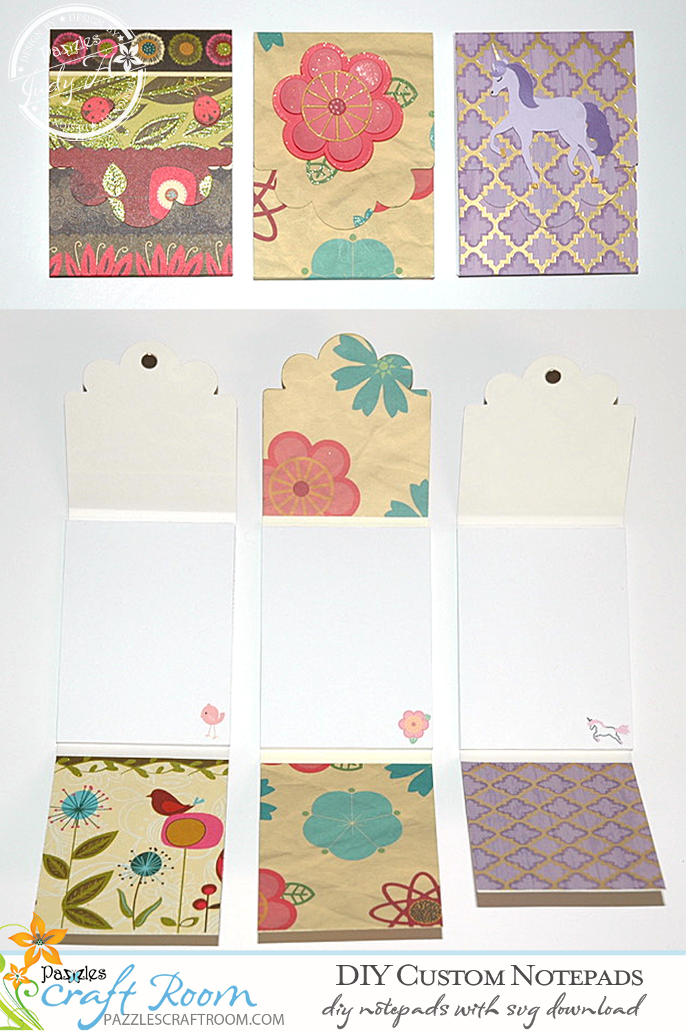 Pazzles DIY Custom Notepads with instant SVG download. Compatible with all major electronic cutters including Pazzles Inspiration, Cricut, and Silhouette Cameo. Design by Judy Hanson.