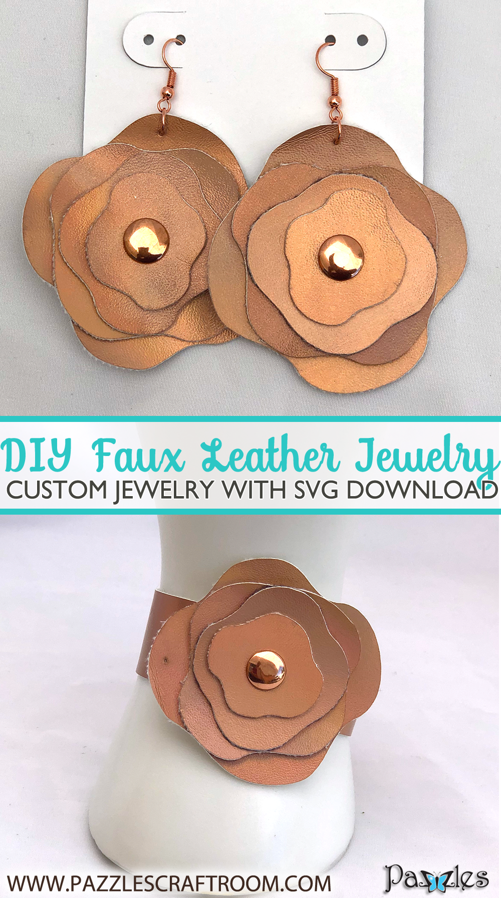 Pazzles DIY Faux Leather Jewelry with SVG instant download. Compatible with all major electronic cutters including Pazzles Inspiration, Cricut, and Silhouette Cameo.