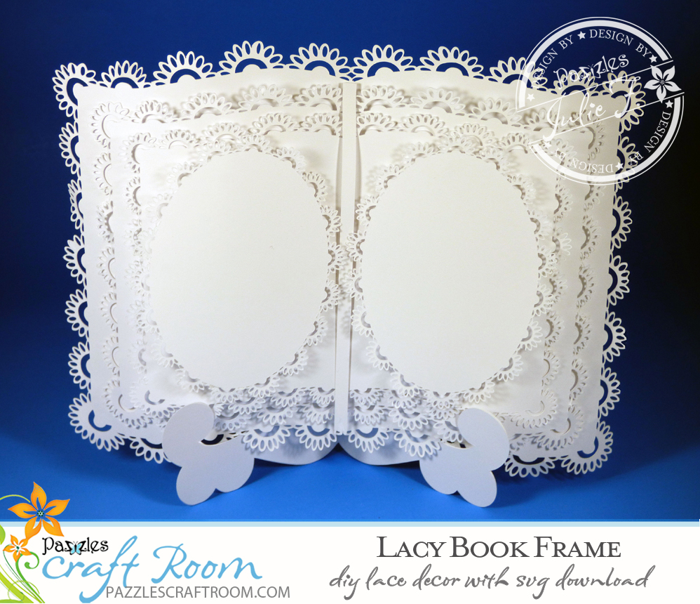 Pazzles DIY Lacy Book Frame and Easel with instant SVG download. Compatible with all major electronic cutters including Pazzles Inspiration, Cricut, and Silhouette Cameo. Design by Julie Flanagan.