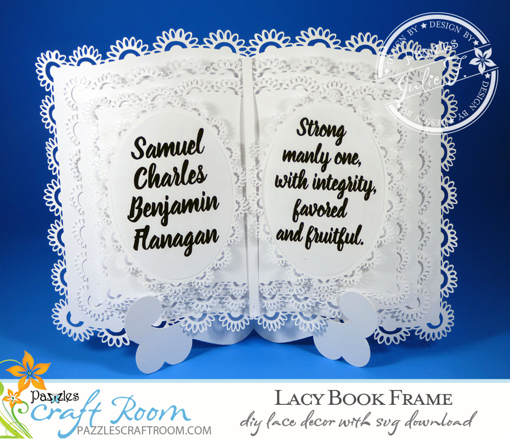 Pazzles DIY Lacy Book Frame and Easel with instant SVG download. Compatible with all major electronic cutters including Pazzles Inspiration, Cricut, and Silhouette Cameo. Design by Julie Flanagan.