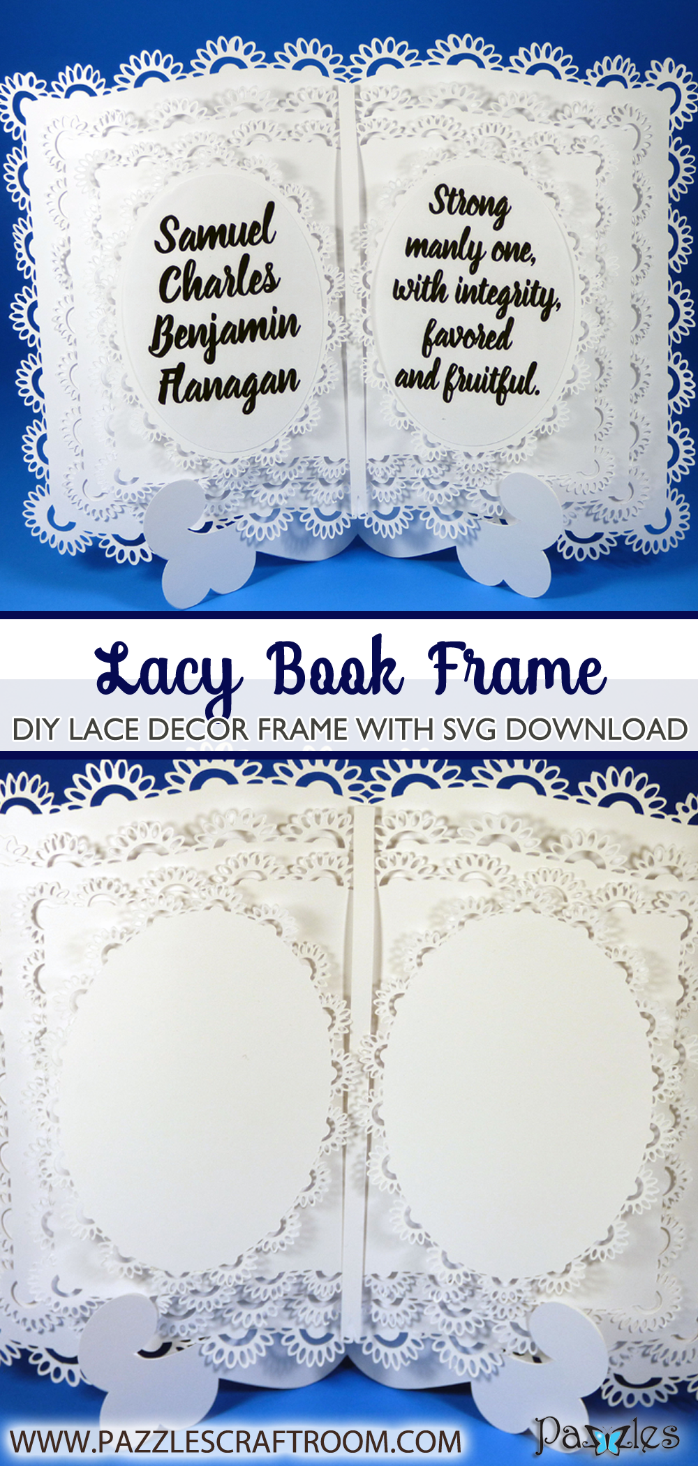 Pazzles DIY Lacy Book Frame and Easel with instant SVG download. Compatible with all major electronic cutters including Pazzles Inspiration, Cricut, and Silhouette Cameo. Design by Julie Flanagan.