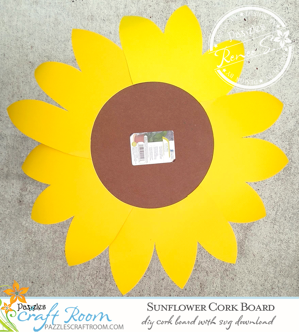 Pazzles DIY Sunflower Cork Memo Board with instant SVG download. Compatible with all major electronic cutters including Pazzles, Cricut, and Silhouette Cameo. Design by Renee Smart.