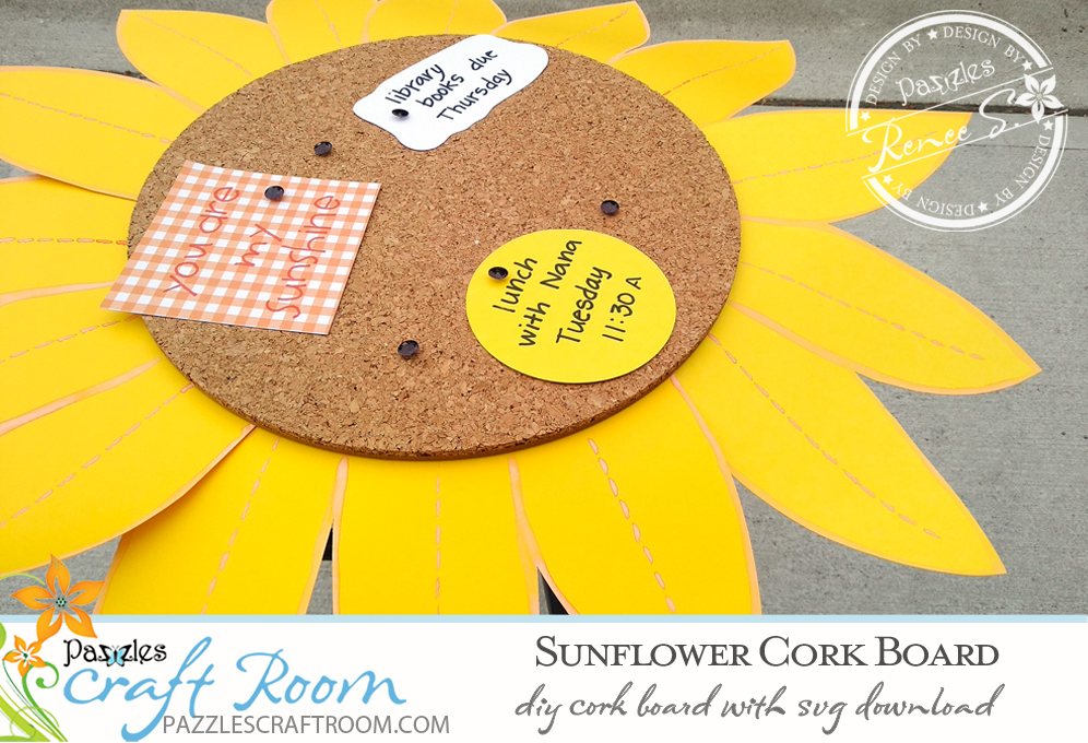 Pazzles DIY Sunflower Cork Memo Board with instant SVG download. Compatible with all major electronic cutters including Pazzles, Cricut, and Silhouette Cameo. Design by Renee Smart.