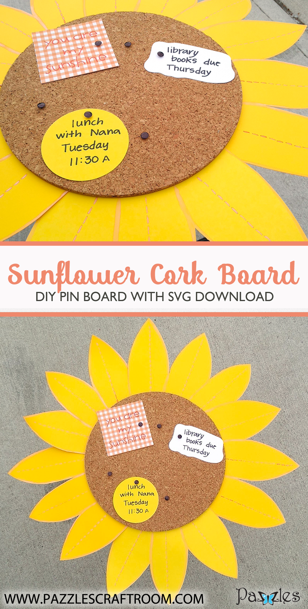 Pazzles DIY Sunflower Cork Memo Board with instant SVG download. Compatible with all major electronic cutters including Pazzles, Cricut, and Silhouette Cameo. Design by Renee Smart.