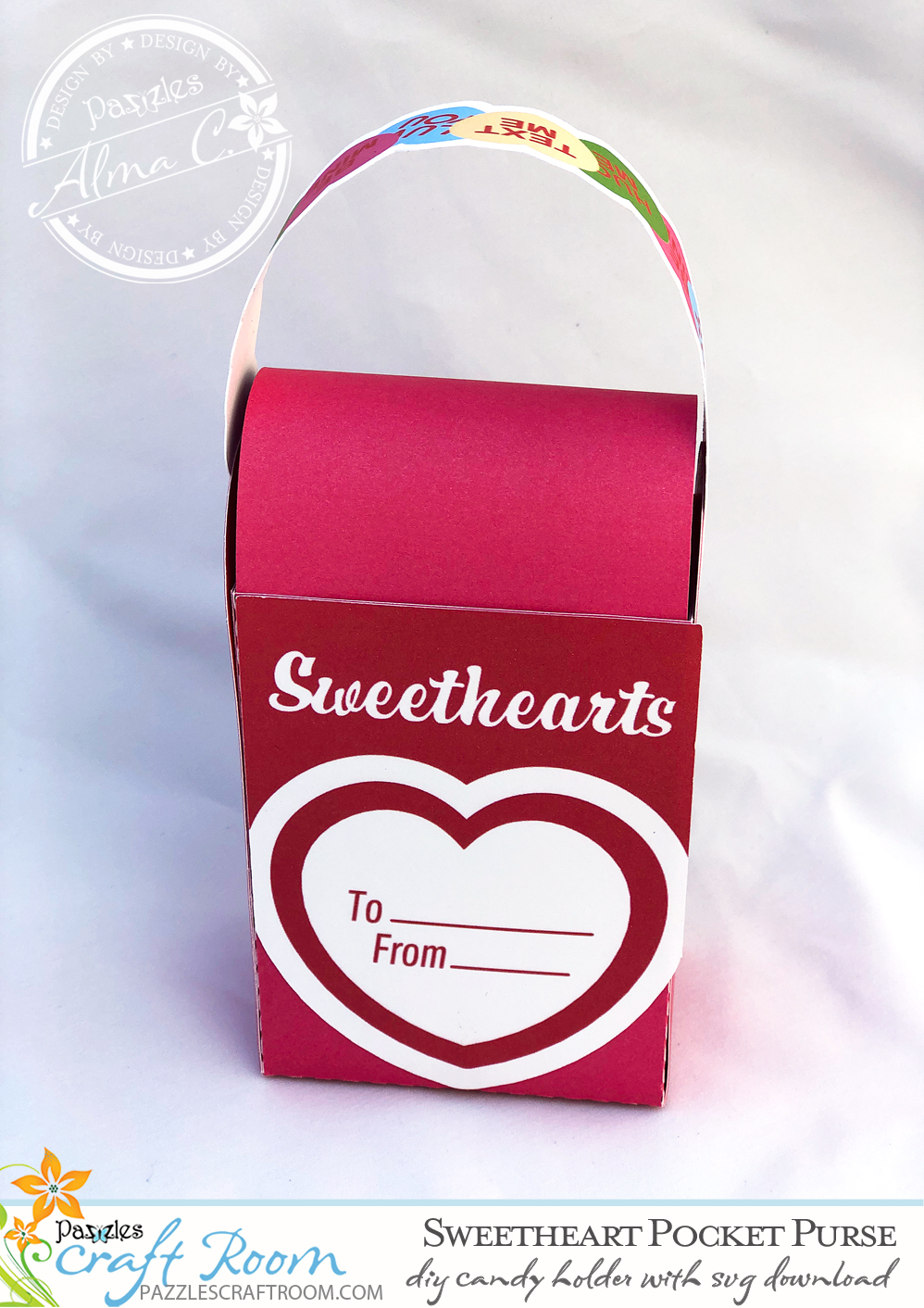 Pazzles DIY Valentine Sweetheart Pocket Purse Box with instant SVG download. Compatible with all major electronic cutters including Pazzles Inspiration, Circut, and Silhouette Cameo. Design by Alma Cervantes.