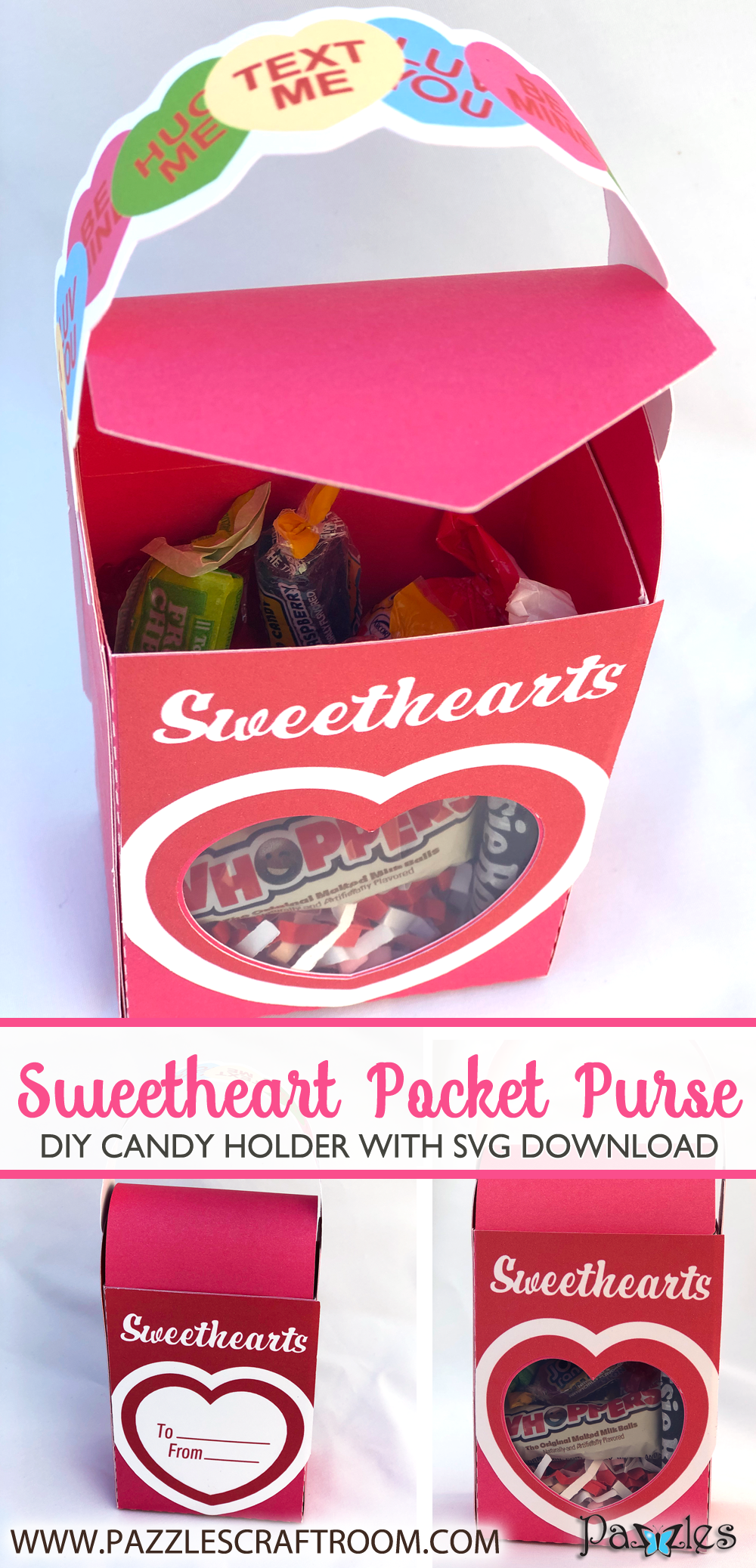 Pazzles DIY Valentine Sweetheart Pocket Purse Box with instant SVG download. Compatible with all major electronic cutters including Pazzles Inspiration, Circut, and Silhouette Cameo. Design by Alma Cervantes.