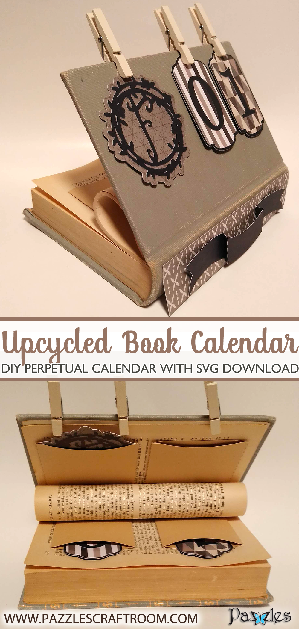 Pazzles DIY Upcycled Book Perpetual Calendar with instant SVG download. Compatible with all major electronic cutters including Pazzles Inspiration, Cricut, and Silhouette Cameo. Design by Renee Smart.