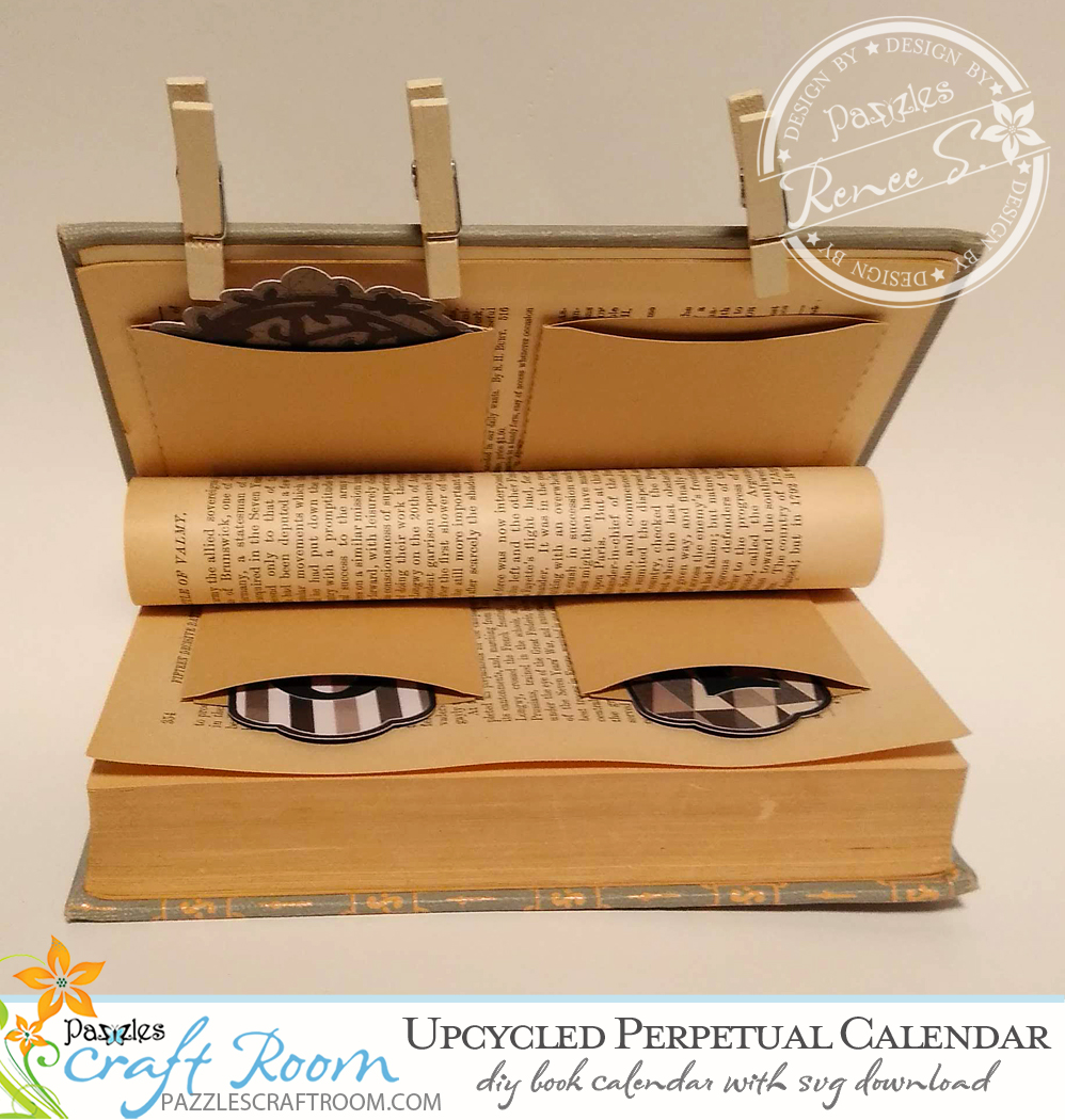 Pazzles DIY Upcycled Book Perpetual Calendar with instant SVG download. Compatible with all major electronic cutters including Pazzles Inspiration, Cricut, and Silhouette Cameo. Design by Renee Smart.