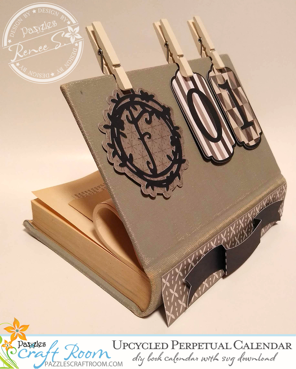 Pazzles DIY Upcycled Book Perpetual Calendar with instant SVG download. Compatible with all major electronic cutters including Pazzles Inspiration, Cricut, and Silhouette Cameo. Design by Renee Smart.