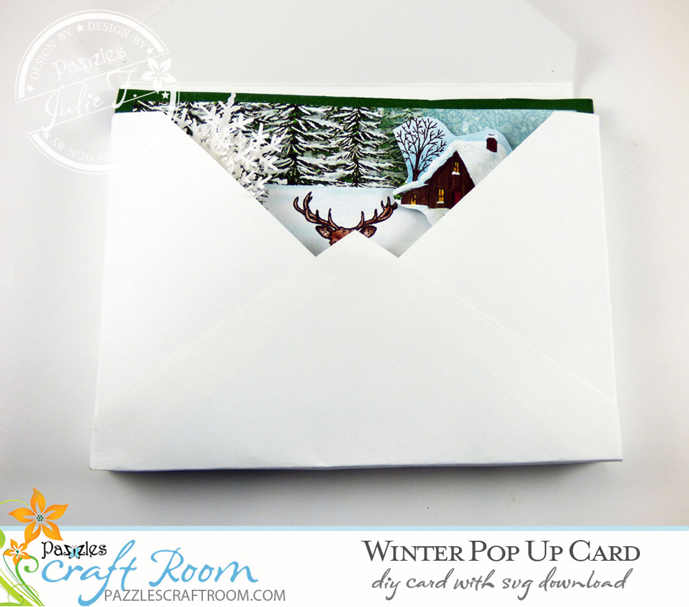 Pazzles DIY Winter Pop Up Card with instant SVG download. Compatible with all major electronic cutters including Pazzles Inspiration, Cricut, and Silhouette Cameo. Design by Julie Flanagan.