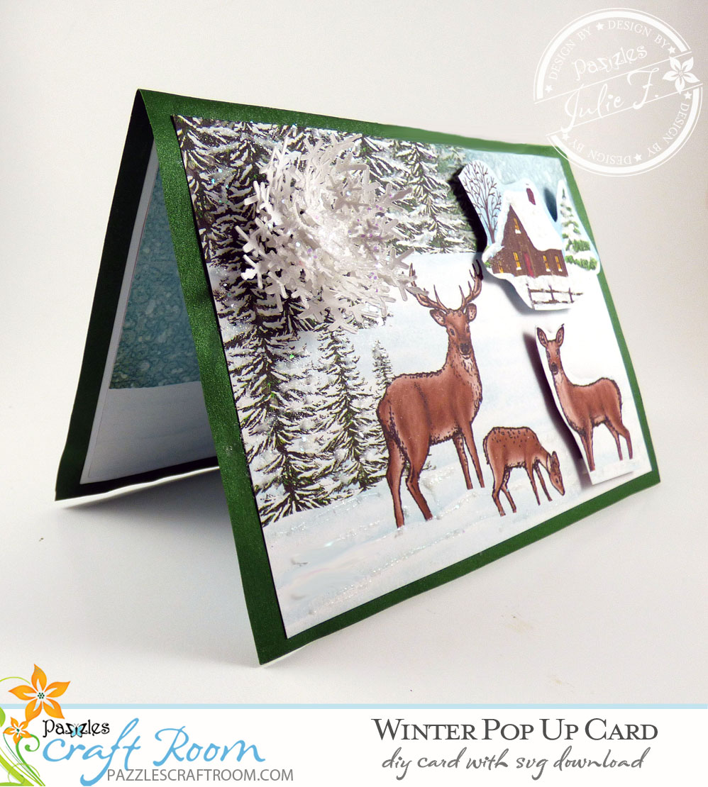 Pazzles DIY Winter Pop Up Card with instant SVG download. Compatible with all major electronic cutters including Pazzles Inspiration, Cricut, and Silhouette Cameo. Design by Julie Flanagan.