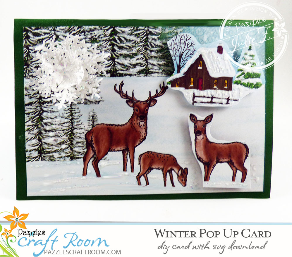 Pazzles DIY Winter Pop Up Card with instant SVG download. Compatible with all major electronic cutters including Pazzles Inspiration, Cricut, and Silhouette Cameo. Design by Julie Flanagan.