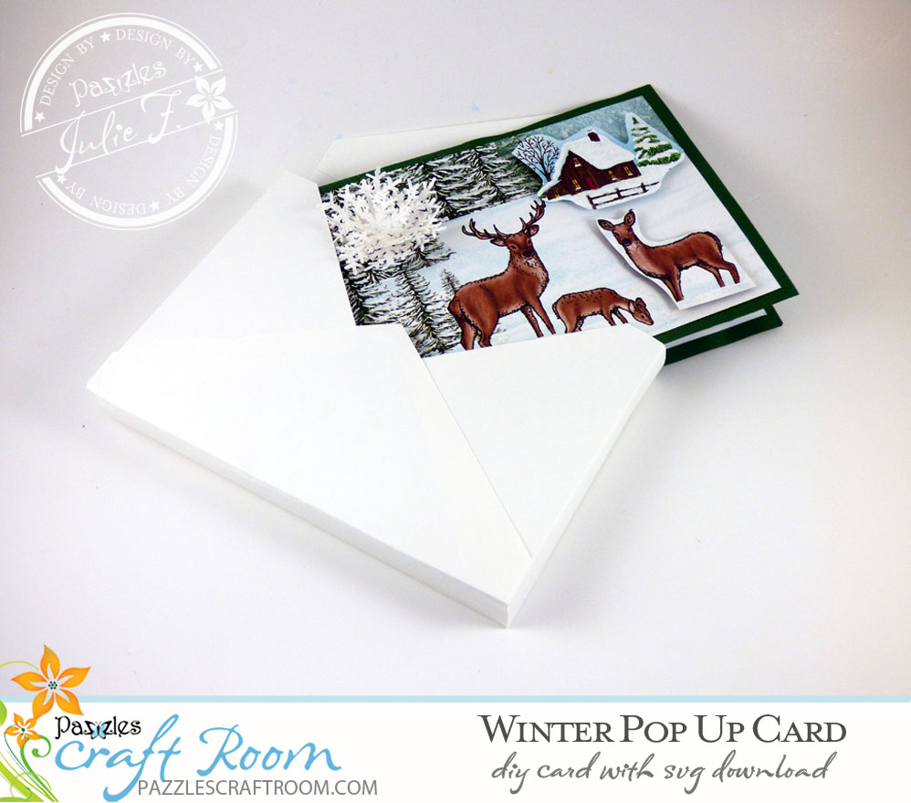 Pazzles DIY Winter Pop Up Card with instant SVG download. Compatible with all major electronic cutters including Pazzles Inspiration, Cricut, and Silhouette Cameo. Design by Julie Flanagan.