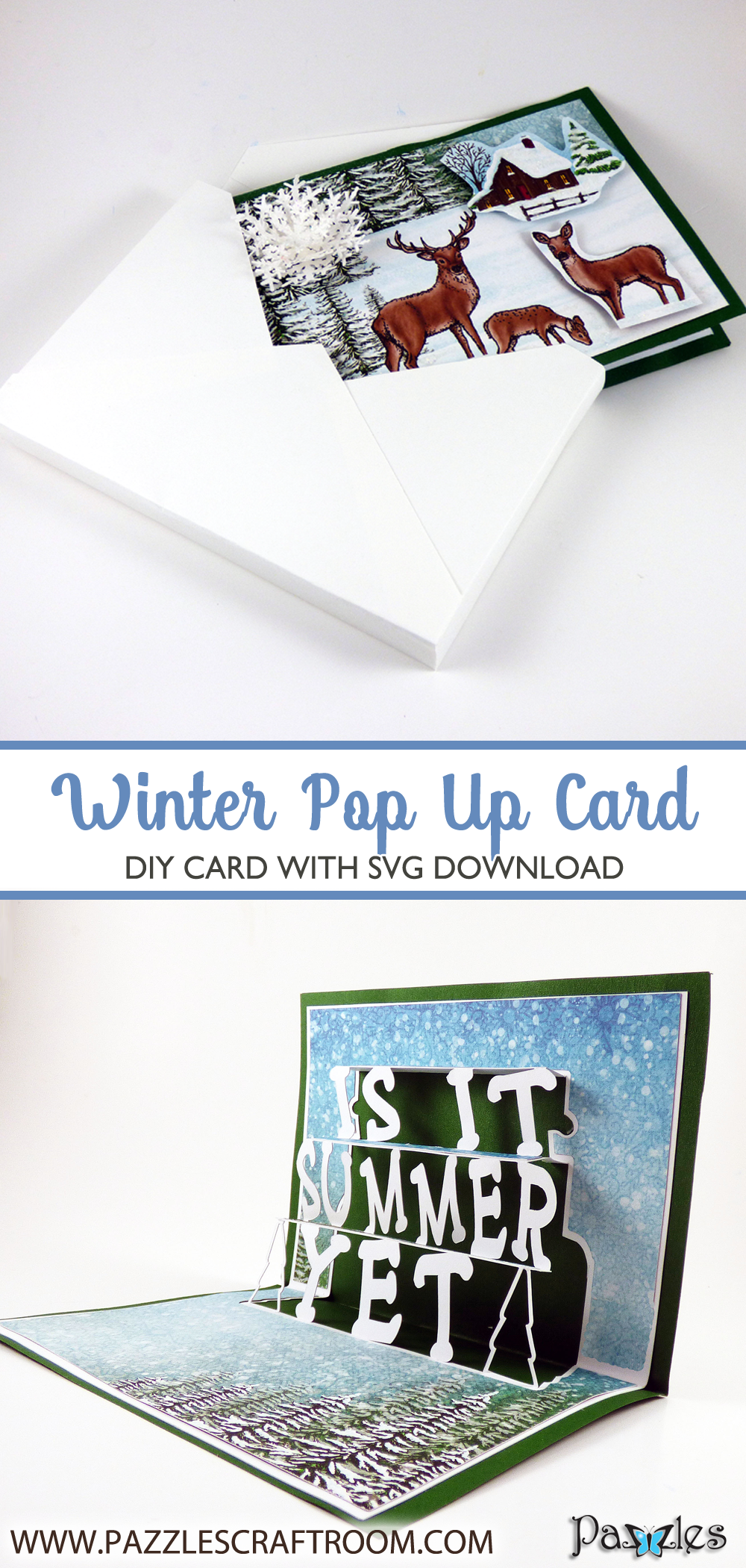 Pazzles DIY Winter Pop Up Card with instant SVG download. Compatible with all major electronic cutters including Pazzles Inspiration, Cricut, and Silhouette Cameo. Design by Julie Flanagan.