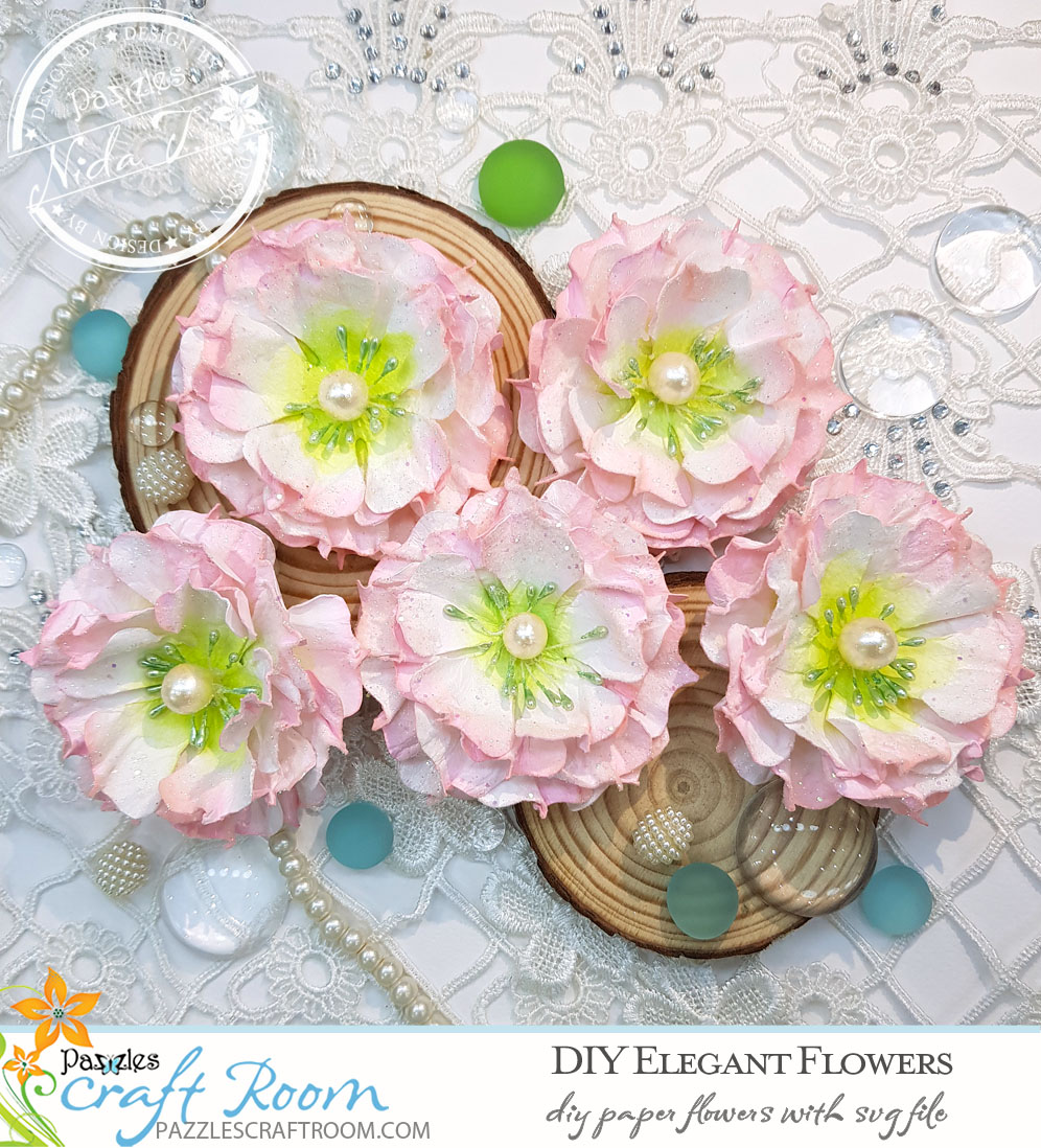 Pazzles Elegant DIY Paper Flowers with instant SVG download. Compatible with all major electronic cutters including Pazzles Inspiration, Cricut, and Silhouette Cameo. Design by Nida Tanweer.