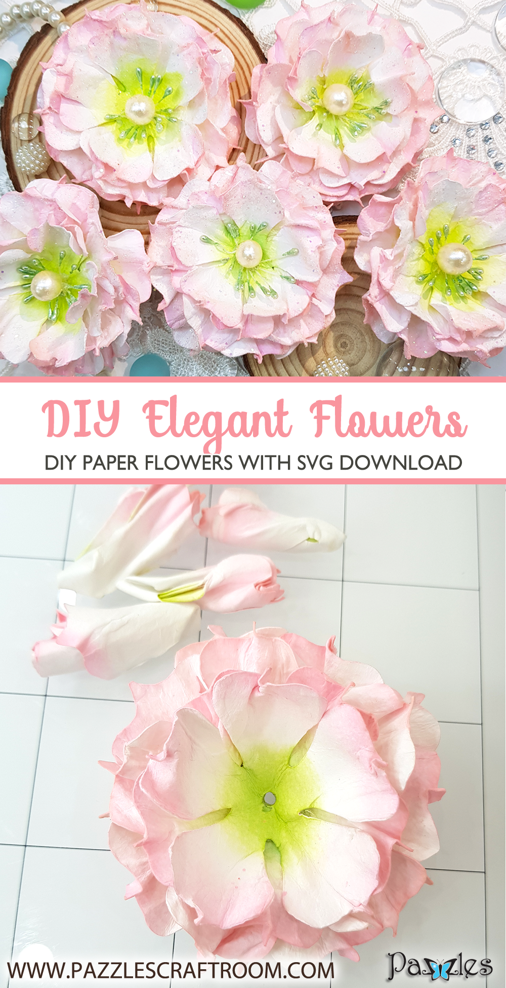 Pazzles Elegant DIY Paper Flowers with instant SVG download. Compatible with all major electronic cutters including Pazzles Inspiration, Cricut, and Silhouette Cameo. Design by Nida Tanweer.