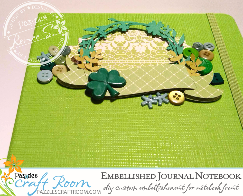 Pazzles DIY Embellished Notebook Cover with instant SVG download. Perfect for St. Patrick's Day. Compatible with all major electronic cutters including Pazzles Inspiration, Cricut, and Silhouette Cameo. Design by Renee Smart. 