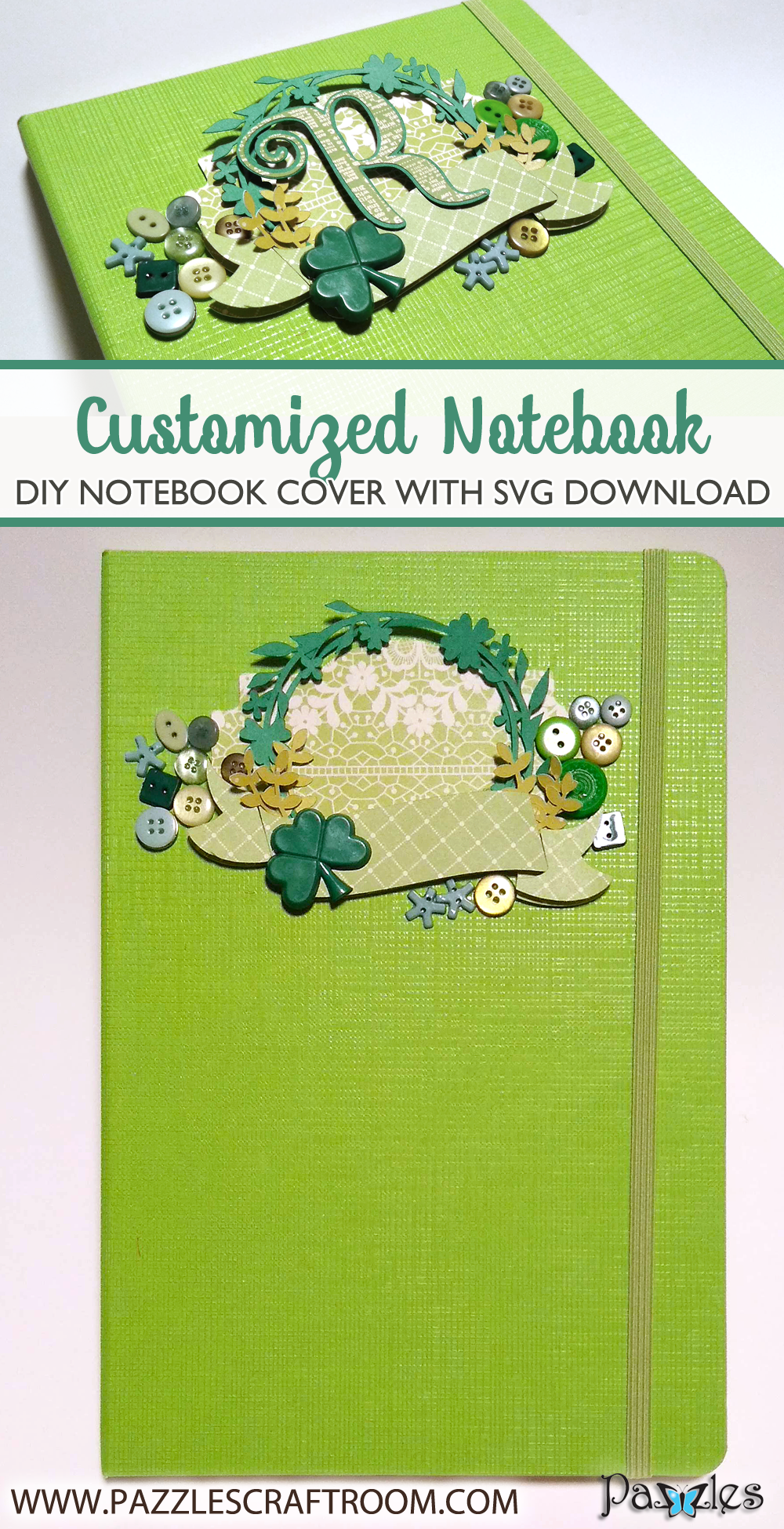 Pazzles DIY Embellished Notebook Cover with instant SVG download. Perfect for St. Patrick's Day. Compatible with all major electronic cutters including Pazzles Inspiration, Cricut, and Silhouette Cameo. Design by Renee Smart. 