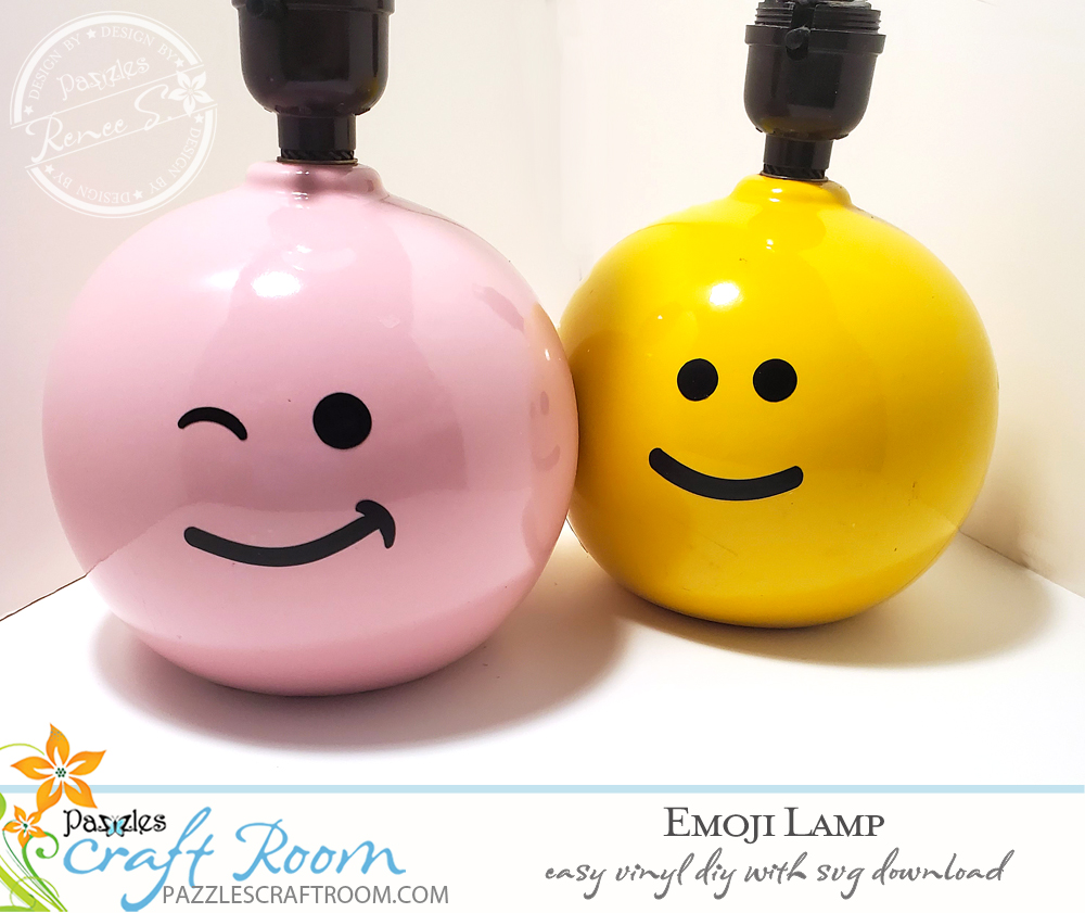 Pazzles DIY Emoji Lamp beginner friendly vinyl project with SVG download.  Instant SVG download compatible with all major electronic cutters including Pazzles Inspiration, Cricut, and Silhouette Cameo. Design by Renee Smart