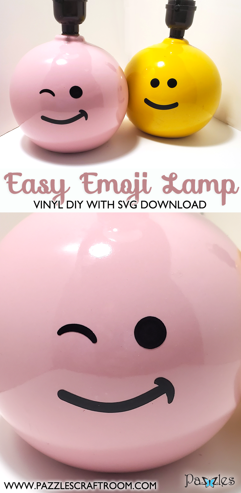 Pazzles DIY Emoji Lamp beginner-friendly vinyl project with SVG download.  Instant SVG download compatible with all major electronic cutters including Pazzles Inspiration, Cricut, and Silhouette Cameo. Design by Renee Smart