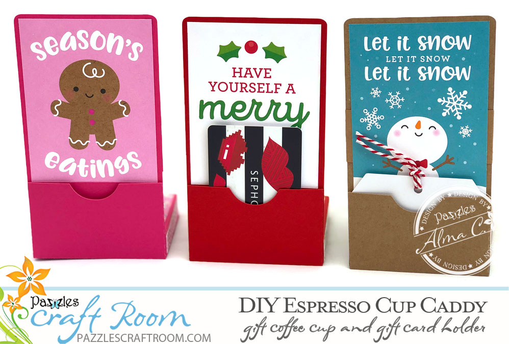 Pazzles DIY Espresso Cup Caddy with Gift Card makes a perfect Christmas Gift. Instant SVG download compatible with all major electronic cutters including Pazzles Inspiration, Cricut, and Silhouette Cameo. Design by Alma Cervantes