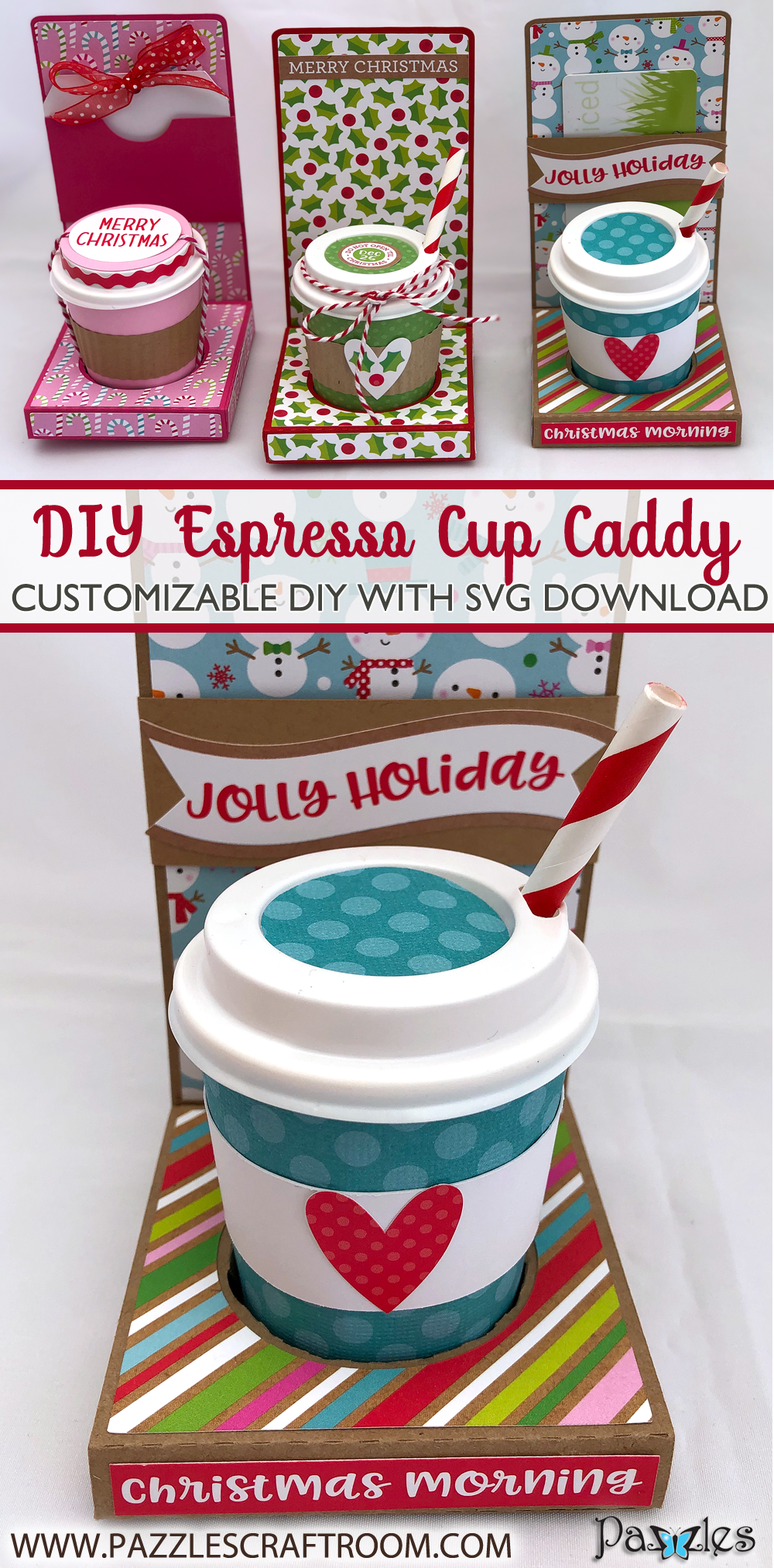 Pazzles DIY Espresso Cup Caddy with Gift Card makes a perfect Christmas Gift. Instant SVG download compatible with all major electronic cutters including Pazzles Inspiration, Cricut, and Silhouette Cameo. Design by Alma Cervantes