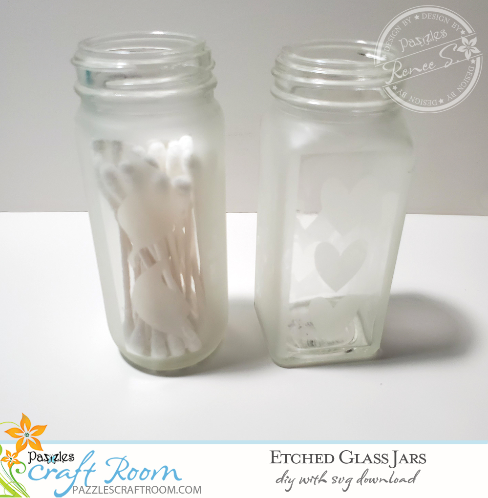 Pazzles DIY Etched Jars Upcycle with instant SVG download.  Instant SVG download compatible with all major electronic cutters including Pazzles Inspiration, Cricut, and Silhouette Cameo. Design by Renee Smart.