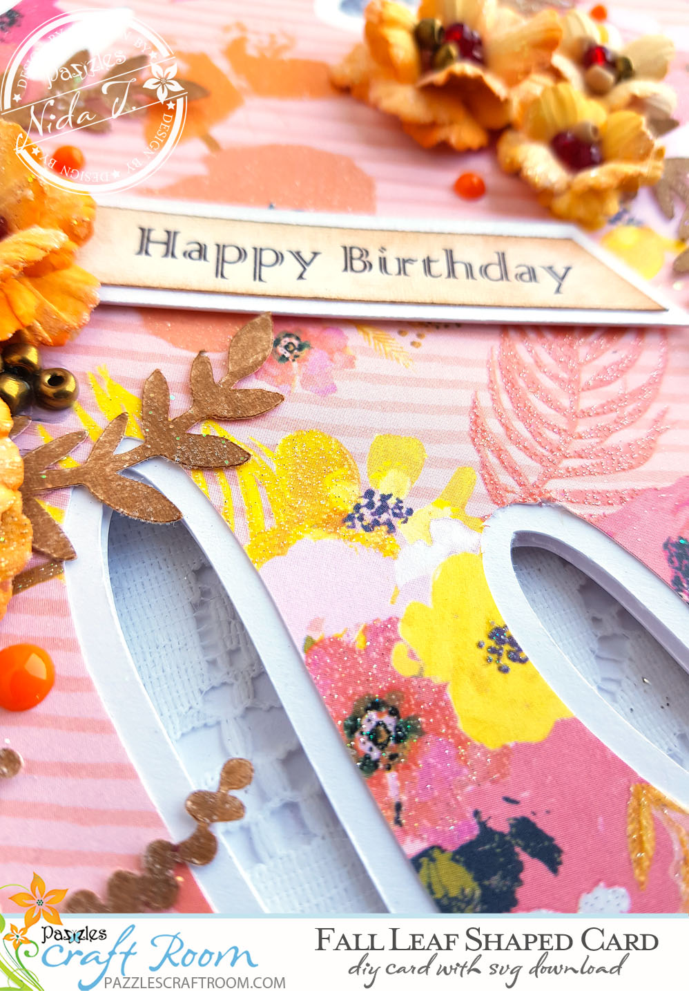 Pazzles DIY Fall Leaf Shaped Card by Nida Tanweer.  SVG download compatible with most major electronic cutters including Pazzles Inspiration, Cricut, and Silhouette Cameo.