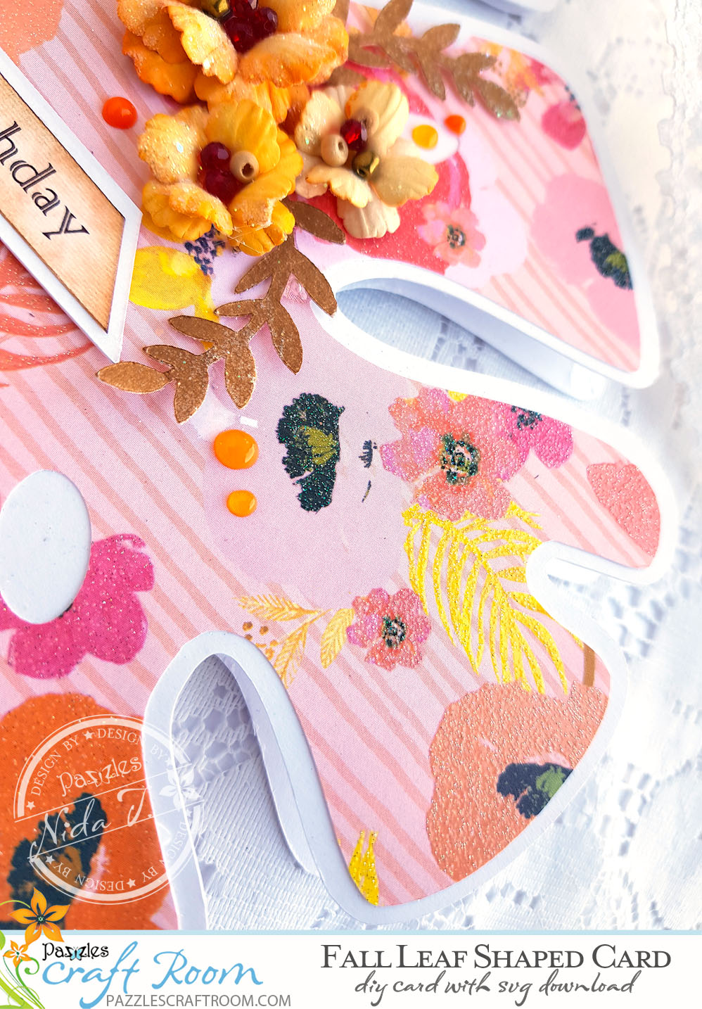 Pazzles DIY Fall Leaf Shaped Card by Nida Tanweer.  SVG download compatible with most major electronic cutters including Pazzles Inspiration, Cricut, and Silhouette Cameo.