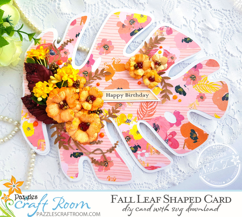 Pazzles DIY Fall Leaf Shaped Card by Nida Tanweer.  SVG download compatible with most major electronic cutters including Pazzles Inspiration, Cricut, and Silhouette Cameo.